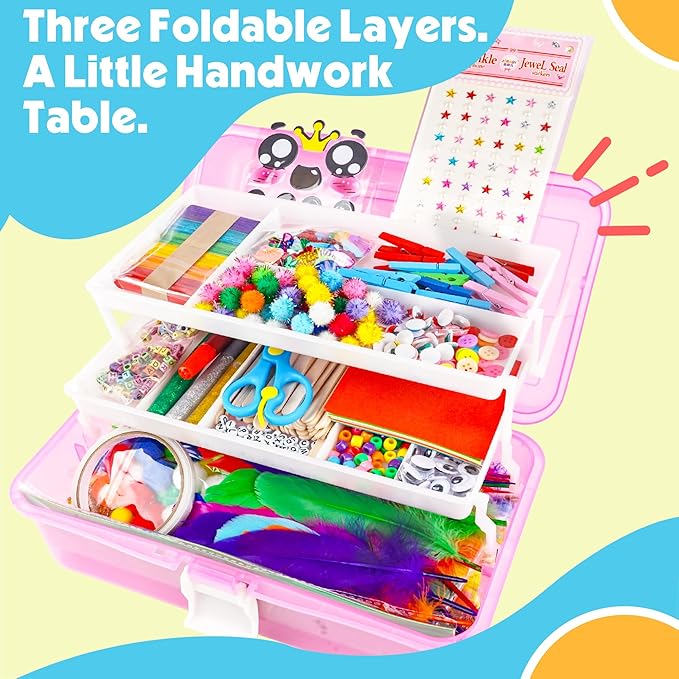 SMILESSKIDDO Arts Craft Supplies for Kids - 1100+ PCS Toddler DIY Craft Art Supply Set, Portable 3 Layered Folding Storage Box School Craft Projects - Gifts for Girls Ages 4-8, 8-12, Pink