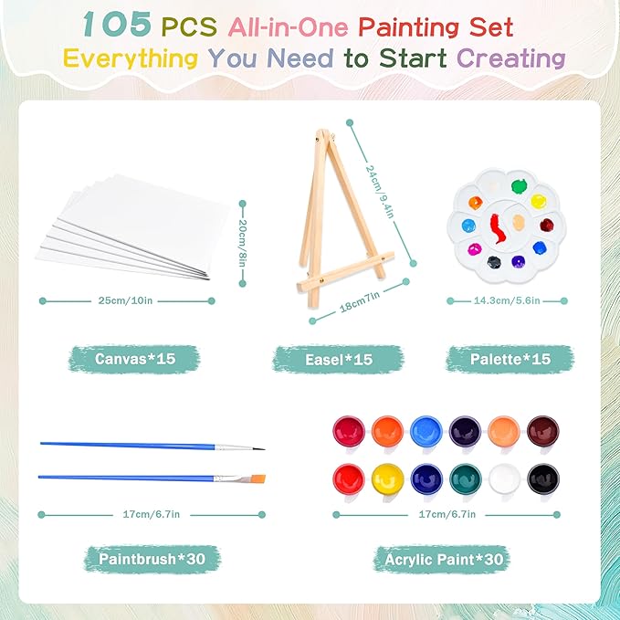 15Pack 8x10 Inch Canvas and Easel Set, Sip and Paint Kit for Adults,Art Canvas Bulk with Easels Stands, Trays,Small Paint Brushes,12 Colors Mini Acrylic Paint Set for Couples,Kids and Party Supplies