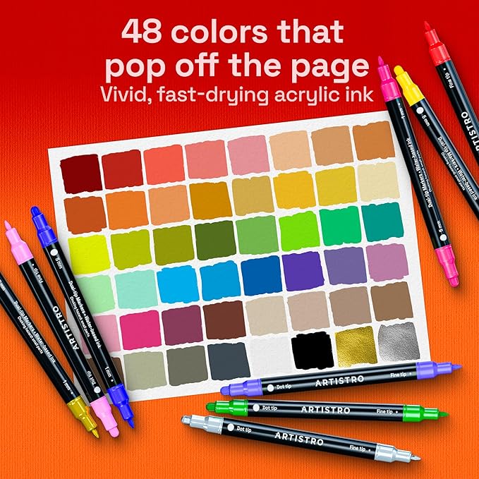 ARTISTRO 48 Precision Dual-Tip Acrylic Paint Markers – Paint Pens Set with Dot & Fine Tips for Fabric, Rock, Glass, Wood, Coloring Books – Classroom & Art Supplies Gift – Teacher Appreciation Gift