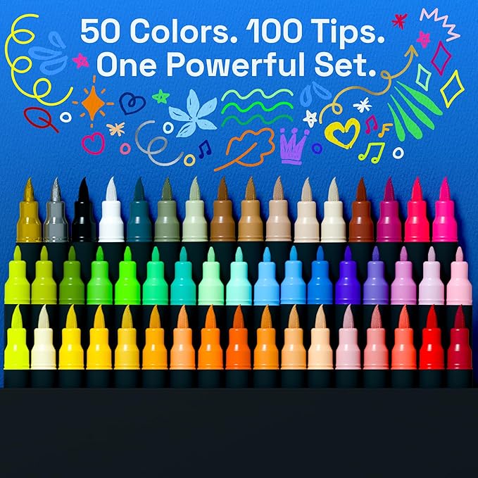 ARTISTRO 50 Dual Tip Acrylic Paint Markers, Paint Pens, Drawing Markers for Textile, Rock, Glass, Wood, Paper, Ceramic, Canvas, DIY - Art Supplies Kit for Kids and Adults (Brush + Fine)