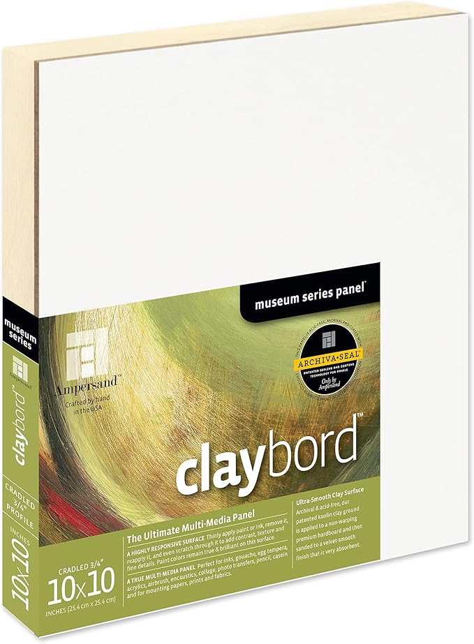 Ampersand Art Supply Claybord | 10" x 10" | 3/4" Cradled Profile | Kaolin Clay Painting Panel for Acrylic, Ink, Watercolor & Mixed Media | Canvas & Paper Alternative