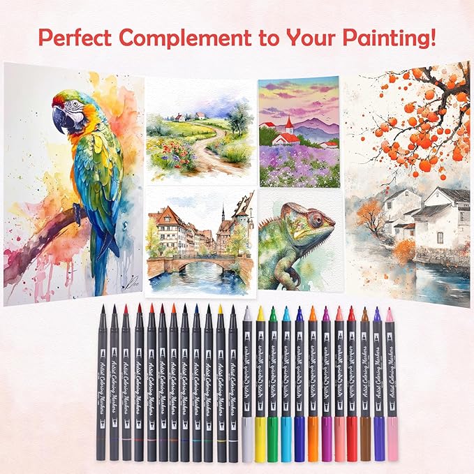 TOSHARE 24 Colors Blendable Watercolor Markers for Adults 2026 Professional Double Tip Paint Pens with 1 Water Brush Pen Water Based Coloring Pens Drawing Markers Set with Flexible Brush Tip