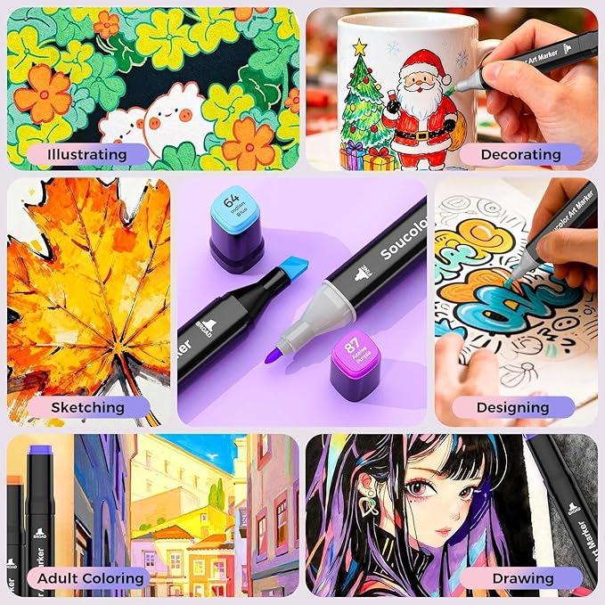 Soucolor Alcohol Markers 100 Colors with Case & Holders, Dual Tips Chisel & Fine Art Markers for Adult Coloring Kids Drawing, Artist Markers Art Supplies for Blending Sketching