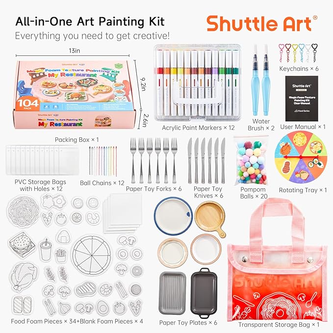 Shuttle Art 104 Pcs Magic Foam Texture Painting Kit – Food Series: 34 Food Foam Pieces, Paper Plates, Forks & Knives, 12 Acrylic Paint Markers, Magical 3D Effect DIY Art Craft for Kids Ages 3-12