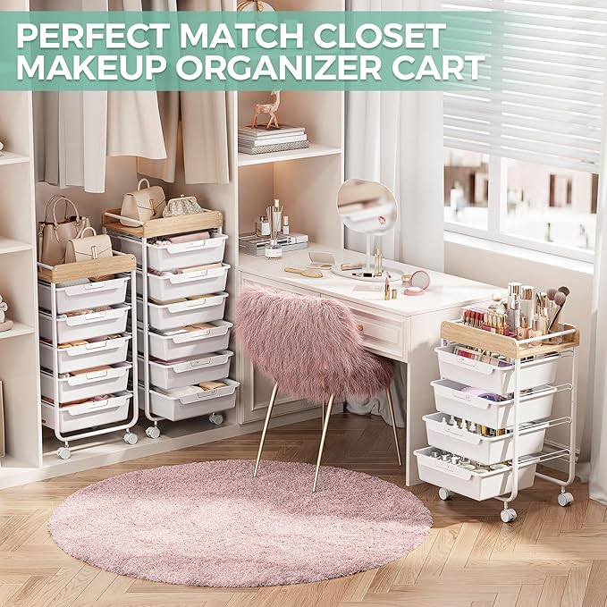 Utility Cart with Drawers,Craft Cart with 5 Drawers,Art Supply Organizer,Rolling Drawer Cart,Craft Storage Cart,Storage Drawer Carts With DIY Lable and Wooden Tabletop Area,White