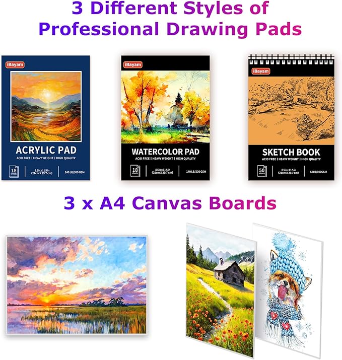 iBayam Arts and Crafts Kits for Adult, 195-Pack Deluxe Art Set Box with 3 PCS Drawing Pads, Canvases, Acrylic Painting, Drawing & Art Supplies for Pumpkin, Halloween, Christmas