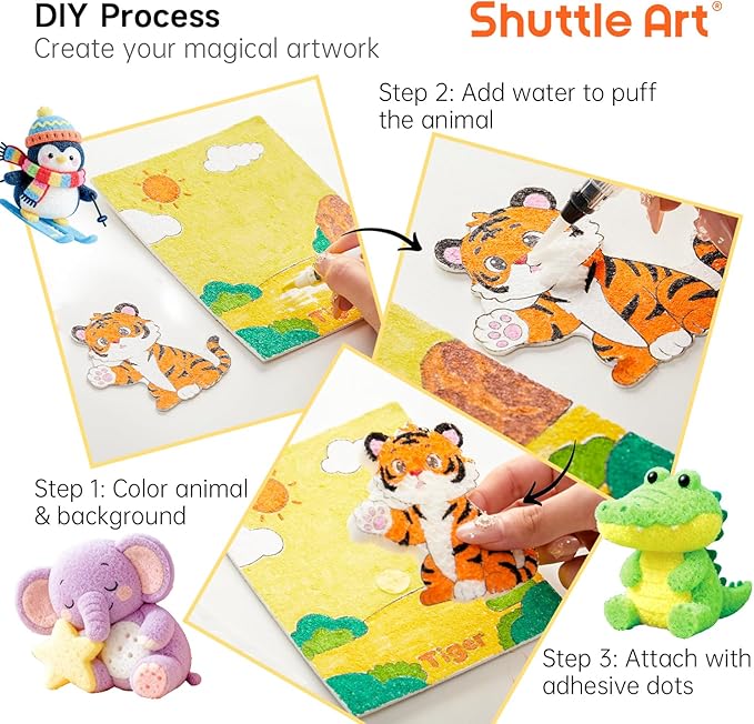 Shuttle Art 63 Pcs Magic Foam Texture Painting Kit – Animal Series: 15 Animal Foam Pieces, Coloring Book with 15 Scenes, 12 Acrylic Paint Markers, Magical 3D Effect DIY Art Craft