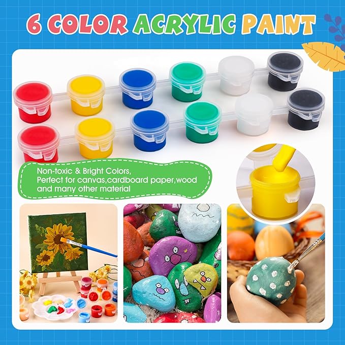 ESRICH 24 Set Mini Acrylic Paint Kit, Mini Stretched Canvas with Easel, Valentines Day Gifts, Acrylic Paint Strips, Paint Palettes, Painting Brushes, Canvas and Easel Set for Kids Artists Beginner