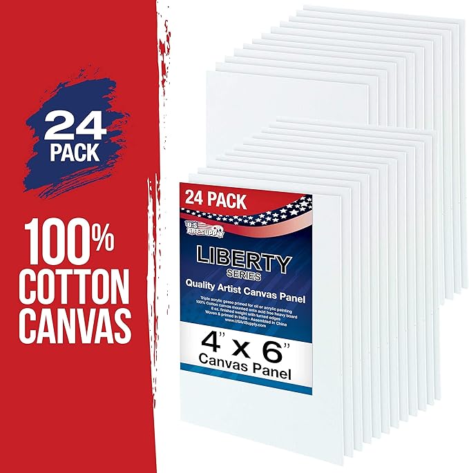 U.S. Art Supply 4 X 6 Inch Art Canvas Board Panels 24 Pack - 8 Ounce Heavyweight Cotton Acid Free Canvases for Painting Acrylics and Watercolor (1 Case of 24 Single Canvas Painting Panels)