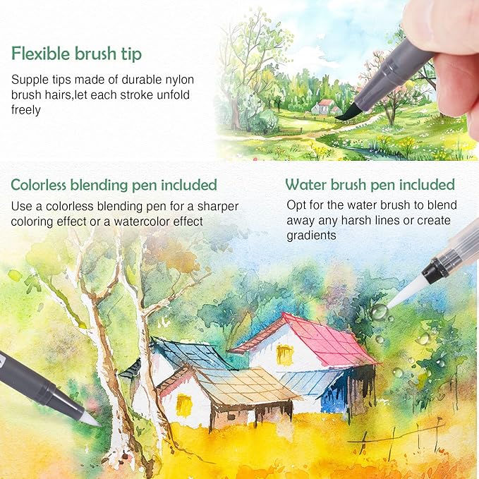 TOSHARE Watercolor Pens Set, 48-Color Dual Tip Professional Watercolor Markers for Adults, Water-Based Art Markers with 1 Aquapen, 2 Colorless Blenders, 1 Black Marker, and 12-Page Pad, Art Supply
