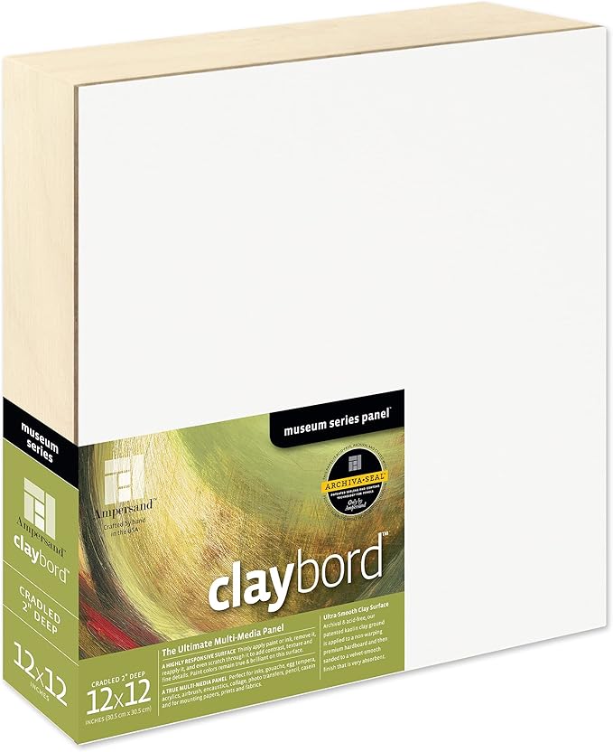 Ampersand Art Supply Claybord | 12" x 12" | 2" Cradled Profile | Kaolin Clay Painting Panel for Acrylic, Ink, Watercolor & Mixed Media | Canvas & Paper Alternative