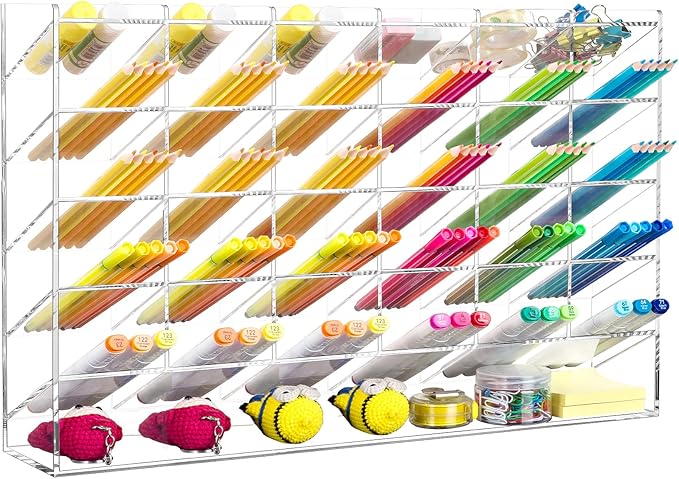 BEYGORM Acrylic Vertical Marker Organizer for 375 Markers with 31 Compartments, Clear Angled Pen & Pencil Holder, Large Desk Stationery & Art Supply Storage for Office & School (17.9x 12.4 x 4 Inch)
