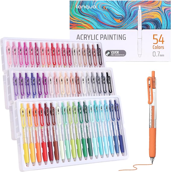 languo Acrylic Gel Pens for Coloring, 54 Colors Click Acrylic Paint Pens Set with 0.7mm Tip for Adult Coloring, Colored Gel Pens for Black Paper, Rock, Glass, Fabric, DIY and Art Crafts Supplies