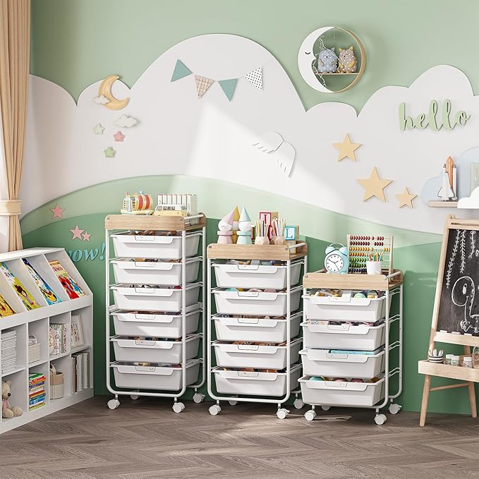 SYKIARIOL Rolling Cart with 5 Drawers,Art Craft Cart,Storage Utility Cart with Wheels,Makeup Organizer with Wooden Tabletop,White