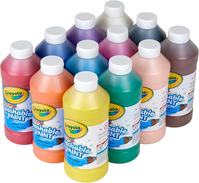 Crayola Washable Paint (12ct), Bulk Paint Set for Kids' Art Projects, 16 Oz, Nontoxic Craft Supplies, Teacher Classroom Must Haves, Ages 3, 4, 5