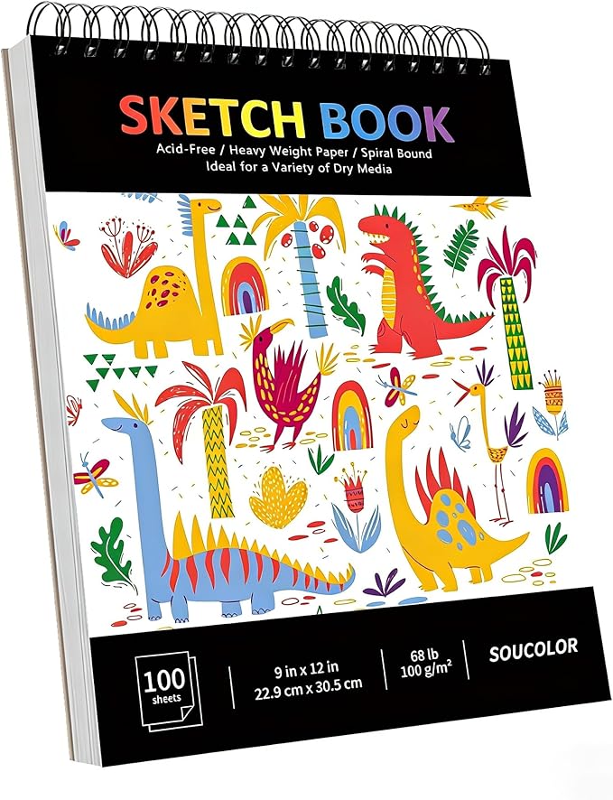 Soucolor 9" x 12" Sketch Book, 100 Sheets Spiral Bound Art Sketchbook, Acid Free Artist Drawing Book Paper,Sketch Book for Kids, Craft Activities, Sketch Paper for Drawing Coloring Sketching