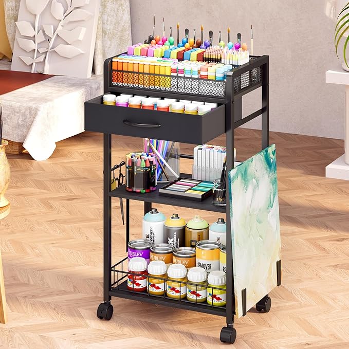 Homsorout 3 Tier Rolling Cart - Metal Utility Cart with Storage Drawer and Wheels, Versatile Art & Craft Organizer for Home, Office, or Studio Ideal for Storing Brushes, Paints, and Supplies Black