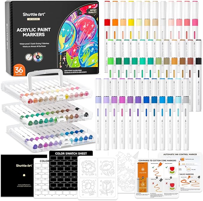 Shuttle Art Automatic Ink Control Acrylic Paint Markers, 36 Colors Brush Tip Acrylic Paint Pens for Rock Painting, Ceramic, Wood, Canvas, Glass, Stone, Fabric, Card Making, DIY Supplies, FlipFunAlong