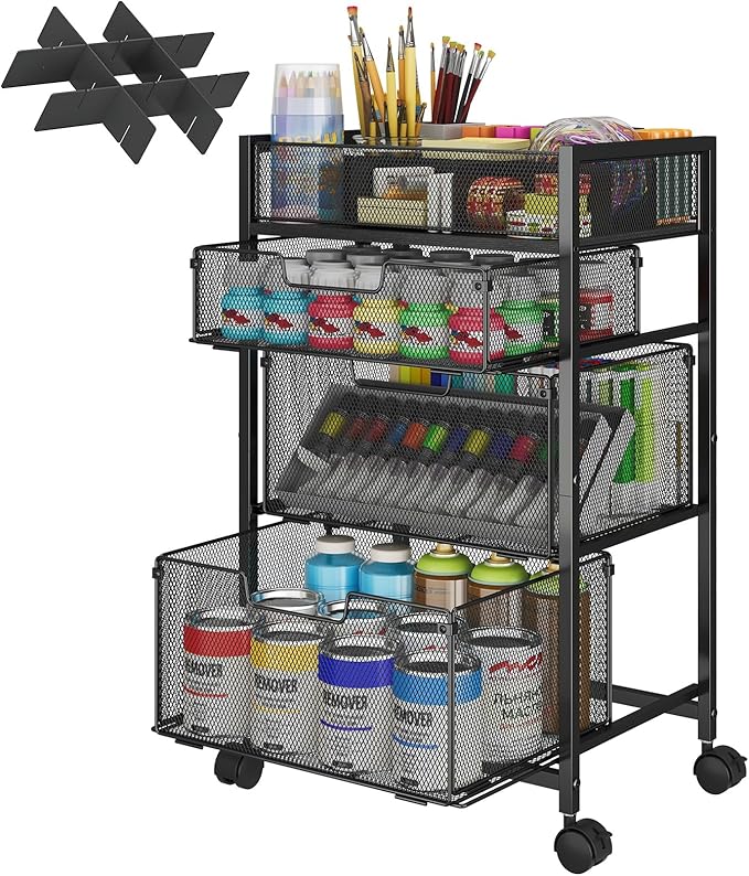 4-Tier Rolling Utility Cart with 3 Drawers, Craft Organizer and Storage with DIY Divider, Art-Craft Supplies with Caster Wheels, Multi-Functional Storage for Classroom, Office, Paints, Artifacts
