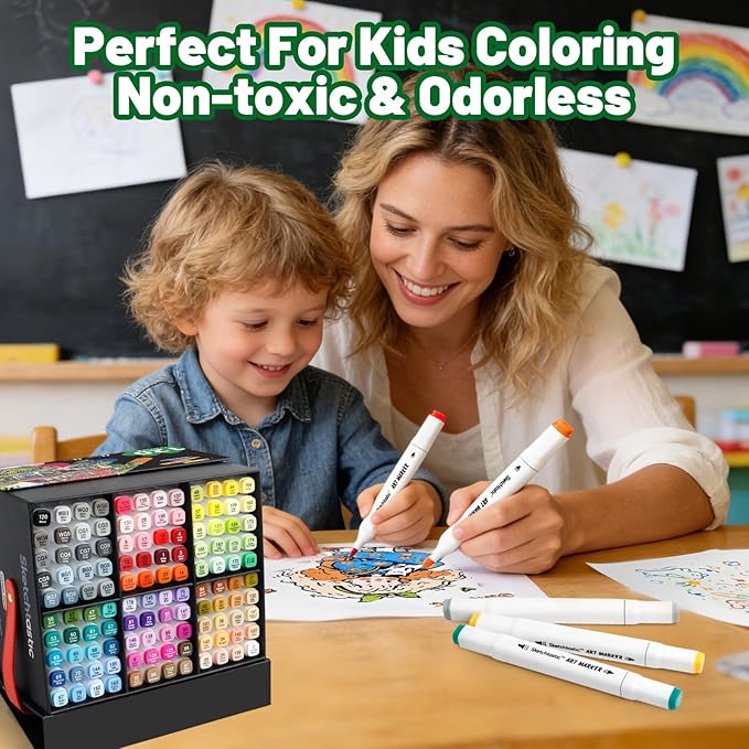 Alcohol Markers Dual Tip Marker Set, 120 Vibrant Colors for Adults, No Bleed Colors for Artists, Based Markers for Coloring Books, Sketching and Art Projects
