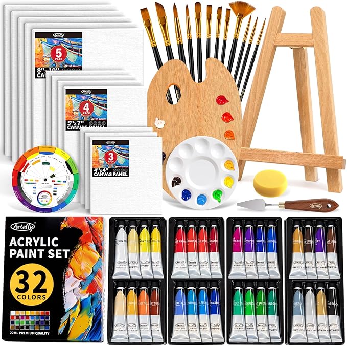 ARTALLY Acrylic Paint Set for Adults & Kids, 62 Pcs Canvas Painting Kits, 32 Colors Acrylic Paint (22ML),Table Easel,Brushes,Canvas, Art Painting Supplies Kit for Students,Artists,Beginners