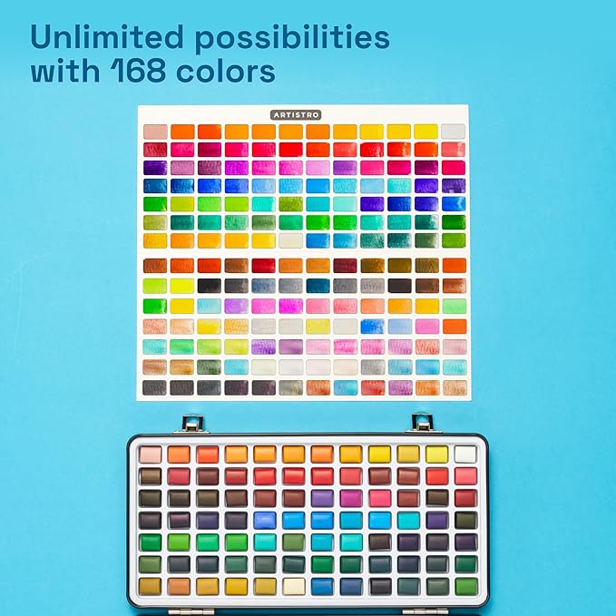ARTISTRO 168 Color Watercolor Paint Set - Portable Paint Art Kit with Palette and Brush Pens - Travel Water Color Set for Adults, Professionals, Kids - Art and Painting Supplies - Gift Idea