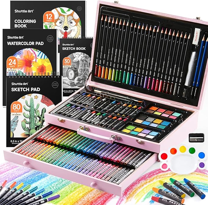 Shuttle Art 149 Piece Deluxe Art Set, Art Supplies in Wooden Case, Painting Drawing Art Kit with Crayons Colored Pencils Oil Pastels Coloring Book Sketch Pad for Kids Adults