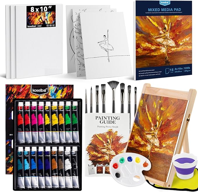 koseibal Acrylic Paint Set for Adults & Kids - 37PCS Art Painting Supplies Kit with 18 Colors Acrylic Paint, 8 Paint Brushes,6 Canvas Panels, Wooden Easel,Palette, Painting Pad