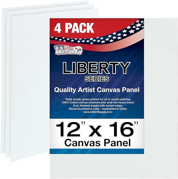 U.S. Art Supply 12 X 16 Inch Art Canvas Board Panels 4 Pack - 8 Ounce Heavyweight Cotton Acid Free Canvases for Painting Acrylics and Watercolor (1 Case of 4 Single Canvas Painting Panels)