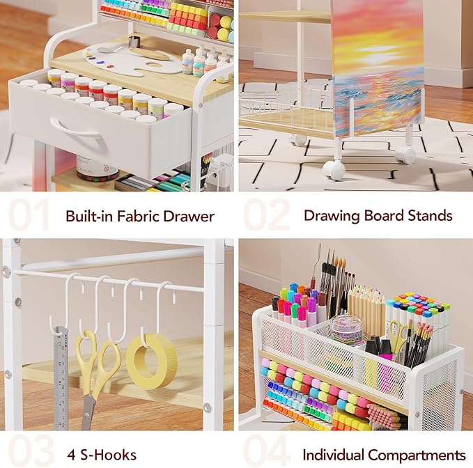 Homsorout Art cart, 3 Tier Rolling Cart - Utility Cart with Storage Drawer and Wheels, Versatile Art & Craft Organizer for Home, Office, or Studio Ideal for Storing Brushes, Paints （ White）