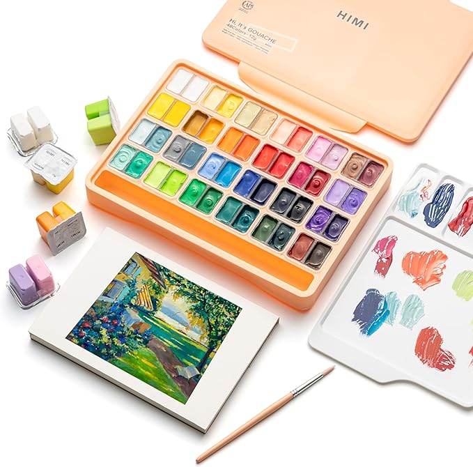 HIMI Twin Cup Jelly Gouache Paint Set with 3 Paint Brushes, 48 Colors 12g, Jelly Cup Design, Non Toxic Paint for Canvas and Paper, Art Supplies for Professionals (Peach Fuzz)