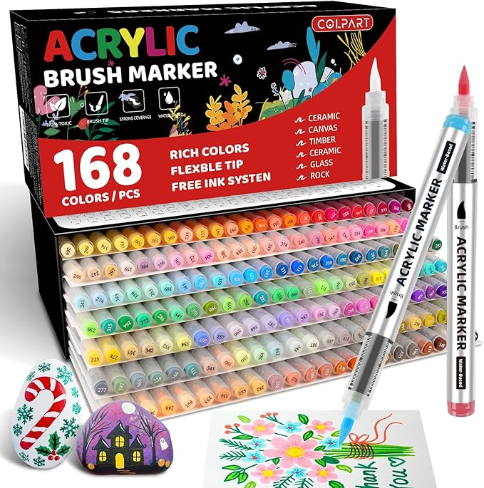 colpart 168 Color Acrylic Paint Markers，Brush Tip Acrylic Paint Pens for Rock Painting,Ceramic,Easter Decorations,Wood, Canvas,Glass,Easter Eggs,Stone,Fabric,Card Making,DIY & Art Supplies