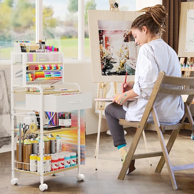 Homsorout Art cart, 3 Tier Rolling Cart - Utility Cart with Storage Drawer and Wheels, Versatile Art & Craft Organizer for Home, Office, or Studio Ideal for Storing Brushes, Paints （ White）