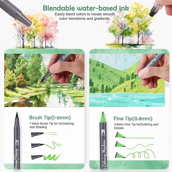 TOSHARE Watercolor Pens Set, 48-Color Dual Tip Professional Watercolor Markers for Adults, Water-Based Art Markers with 1 Aquapen, 2 Colorless Blenders, 1 Black Marker, and 12-Page Pad, Art Supply