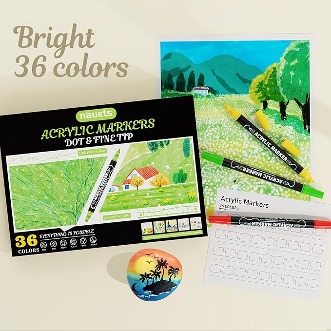 36 Colors Dual Tip Acrylic Paint Markers, Premium Dot & Fine Tip Coloring Paint Pens for Rock, Wood, Fabric, Canvas, Glass, Paper, Ceramic, Scrapbook, Vision Board and DIY Crafts Supplies Art Gifts