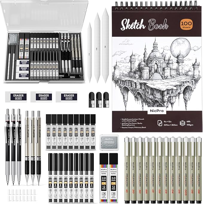 Nicpro 52PCS Art Drawing Supplies Kit, Metal Mechanical Pencil Set 0.5, 0.7, 0.9 & 2mm, 9x12 Sketch Book, 12 Fineliner Pens, 20 Tubes Leads, School Supplies Drawing Kit for Artist Adults Sketching