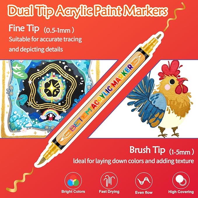 Betem Dual Tip Acrylic Paint Pens, 24 Metallic Paint Markers for Glass, Window, Fabric, Wood, Rock, Canvas, Acrylic Markers with Fine & Brush Tip, Art & Craft Supplies, Teacher Appreciation Gift