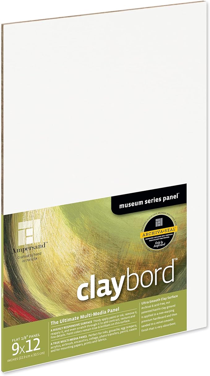 Ampersand Art Supply Claybord | 9" x 12" | 1/8" Flat Profile | Kaolin Clay Painting Panel for Acrylic, Ink, Watercolor & Mixed Media | Canvas & Paper Alternative