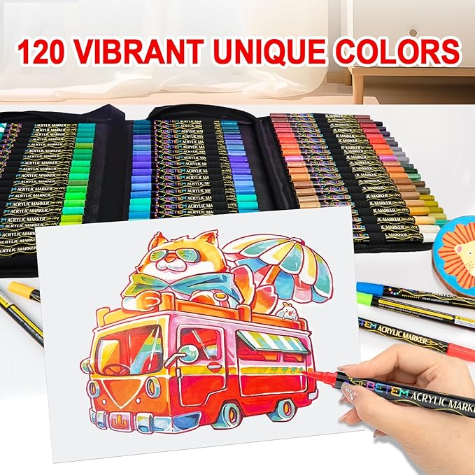 Betem Dual Tip Acrylic Paint Pens, 120 Colors Paint Markers for Glass, Window, Fabric, Wood, Rock, Canvas, Acrylic Markers with Fine & Brush Tip, Art & Craft Supplies, Teacher Appreciation Gift