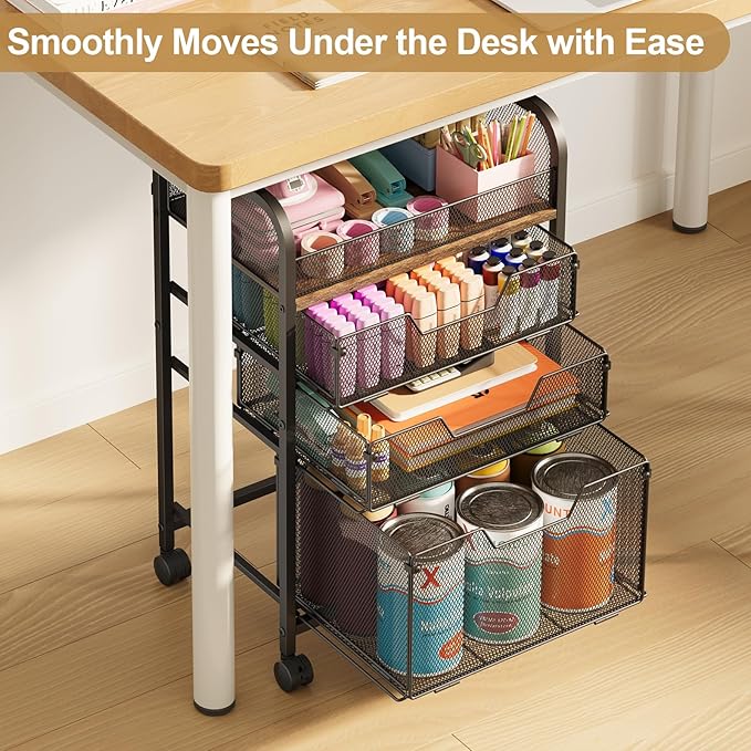 4-Tier Rolling Utility Cart with 3 Drawers-Craft Organizers and Storage with 360° Lockable Wheels,Art Supply Storage Organizer for Art Supplies, Store for Brushes & Paints & Artifacts Patent Pending