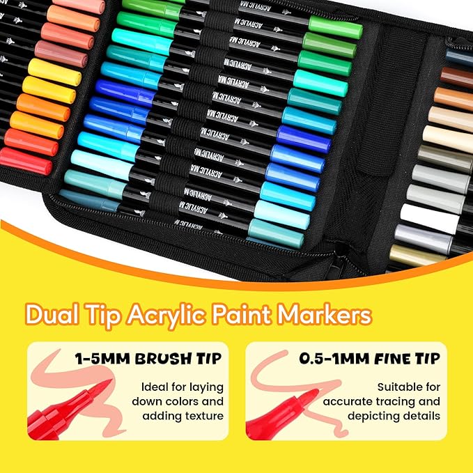 Pagather 48 Colors Acrylic Paint Markers, Dual Tip with Fine Tip and Brush Tip Pens for Stone, Wood, Calligraphy, Canvas, Ceramic, Metal, Glass, Rock Painting, DIY Crafts Art Supplies Kit