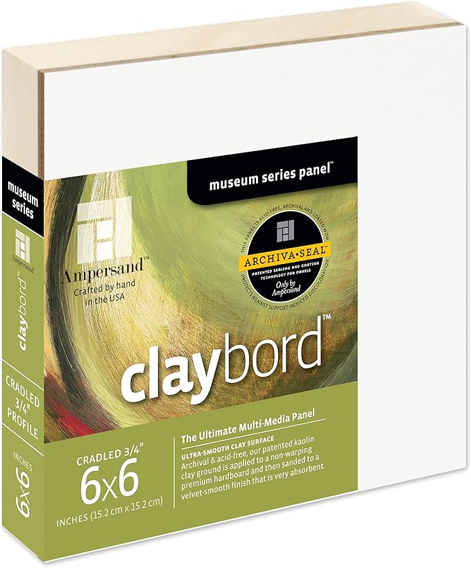 Ampersand Art Supply Claybord | 6" x 6" | 3/4" Cradled Profile | Kaolin Clay Painting Panel for Acrylic, Ink, Watercolor & Mixed Media | Canvas & Paper Alternative