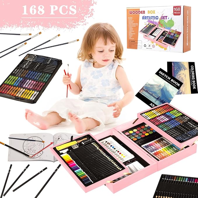 KINSPORY 168 Pack Wooden Art Set, Deluxe Painting Drawing Kit with 3 Coloring Books, Oil Pastels, Watercolor Paints, Art Crafts Supplies, Creative Gift for Beginners, Kids, Boys, Girls & Artists