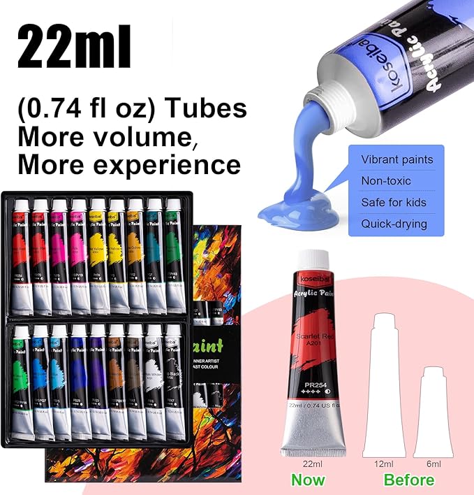 koseibal Acrylic Art Set with 18 Acrylic Paints, 8 Brushes, 4 Stretched Canvas, 1Wooden Easel, Etc, Premium Painting Supplies Kit for Students, Artists Kids, Adults, and Beginner