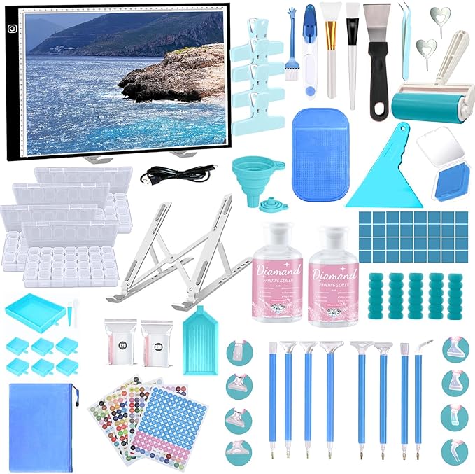 NLXCXUCY 244Pcs Diamond Art Accessories Kit All-Inclusive Diamond Painting Tool Set with A3 Diamond Painting Light Pad,Diamond Art Sealer Glue, Diamond Correction Pens, Storage Box for DIY Craft