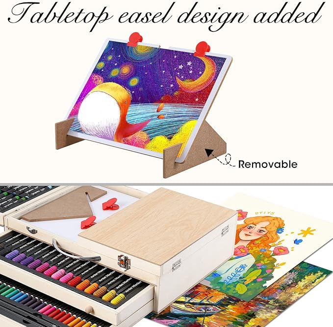 Art Supplies, Wooden Art Set Crafts Kit with Drawing Easel, Deluxe Kids Art Set, Oil Pastels, Colored Pencils, Watercolor Cakes, Creative Gift for Kids, Teens, Beginners Girls Boys