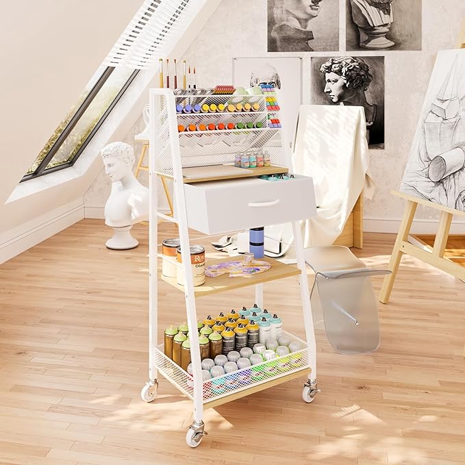 Homsorout 3 Tier Rolling Cart - Metal Utility Cart with Storage Drawer and Wheels, Versatile Art & Craft Organizer for Home, Office, or Studio - Ideal for Storing Brushes, Paints, and Supplies（Maple）
