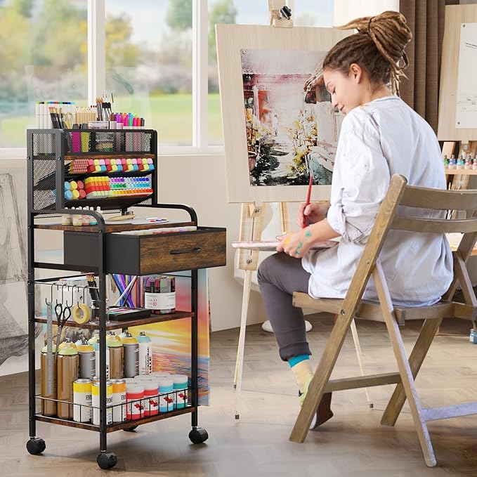 Homsorout Art cart, 3 Tier Rolling Cart - Utility Cart with Storage Drawer and Wheels, Versatile Art & Craft Organizer for Home, Office, or Studio Ideal for Storing Brushes, Paints （Brown）