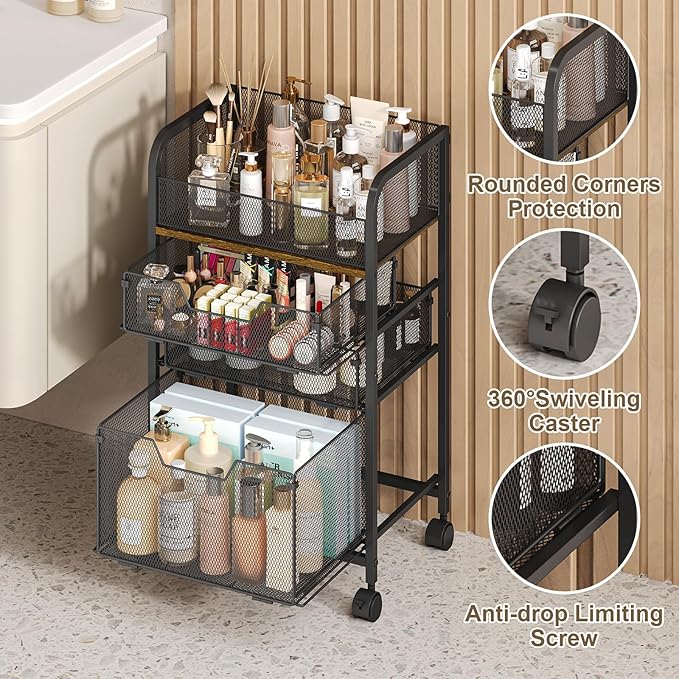 4-Tier Rolling Utility Cart with 3 Drawers-Craft Organizers and Storage with 360° Lockable Wheels,Art Supply Storage Organizer for Art Supplies, Store for Brushes & Paints & Artifacts Patent Pending