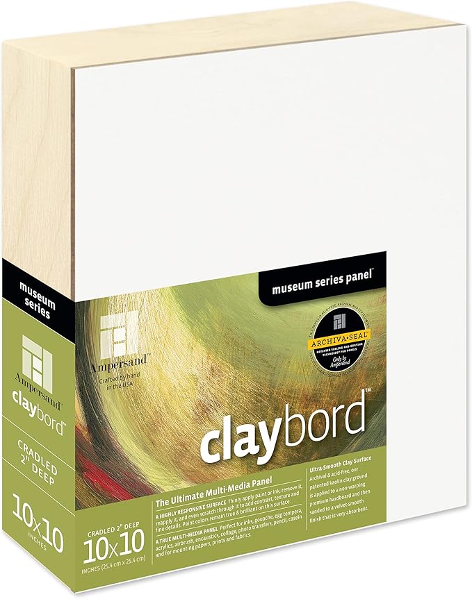 Ampersand Art Supply Claybord | 10" x 10" | 2" Cradled Profile | Kaolin Clay Painting Panel for Acrylic, Ink, Watercolor & Mixed Media | Canvas & Paper Alternative
